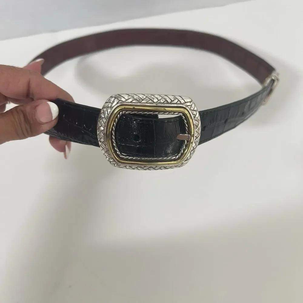 Brighton Reversible Black Brown Leather Croc Belt Size 32 Silver Gold Buckle
